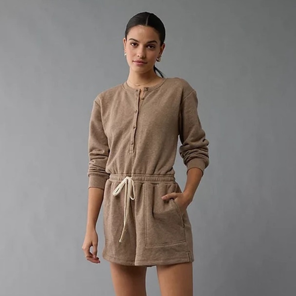 American Eagle Tan Henley Drawstring Waist Romper Pockets Loungewear Size XL
